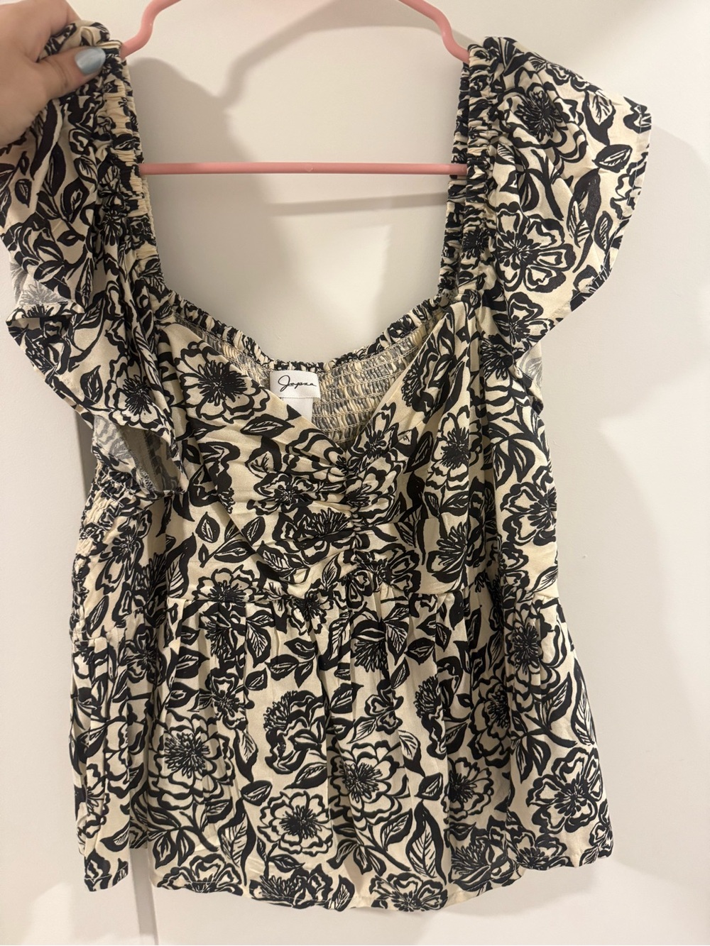 Black Floral Square-Neck Ruffle Sleeve Top size large